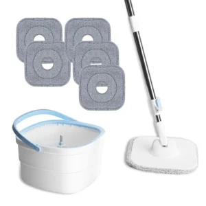 Spin Mop and Bucket with Wringer Set Flat Floor Mop with Clean and Dirty Water Separate System 2 Replaceable Reusable Washable