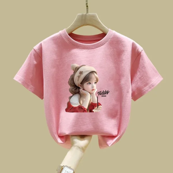 Girls' Short-sleeved T-shirt, Summer Baby Girl Print, Breathable, Round-neck, Half-sleeve, Fashionable Design Top T-shirt - Image 4