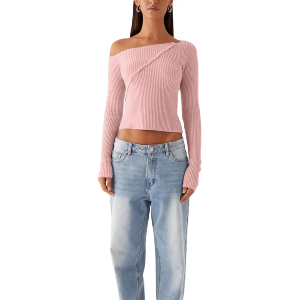 Women s Ribbed Knit Sweater Off-Shoulder Long Sleeve Pullover with Button Detail Solid Color Autumn Top for Women - Image 8