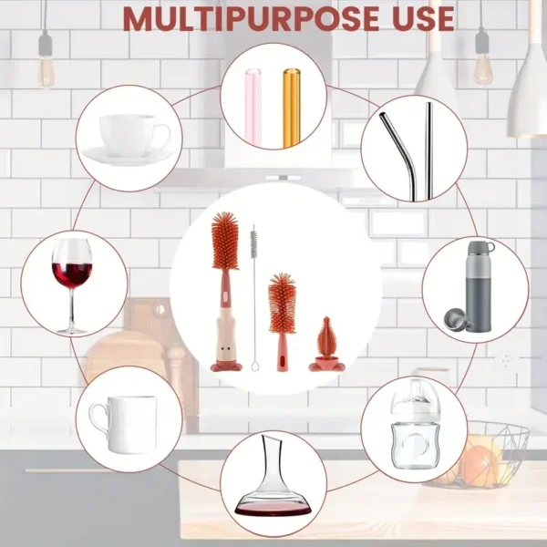 Bottle Brush Tea Cup Multifunctional Standing Brush Food Grade Silicone Nipple Brush Set Cup Brush Three-in-one Straw Brush Spon - Image 3