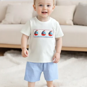 Adorable Baby Boys Nautical Theme Outfit with Boat Embroidery Short Sleeves T-Shirt and Plaid Shorts - 2 Piece Summer