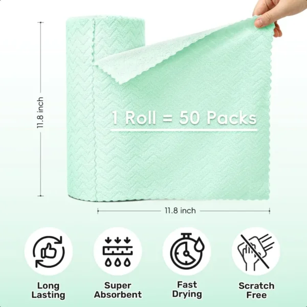 Microfiber Cleaning Cloths Roll 50 Pack 11.8" x 11.8" Paper Towels Tear Away Towels Lint Free Quick Dry Ultra Absorbent Scratch - Image 2