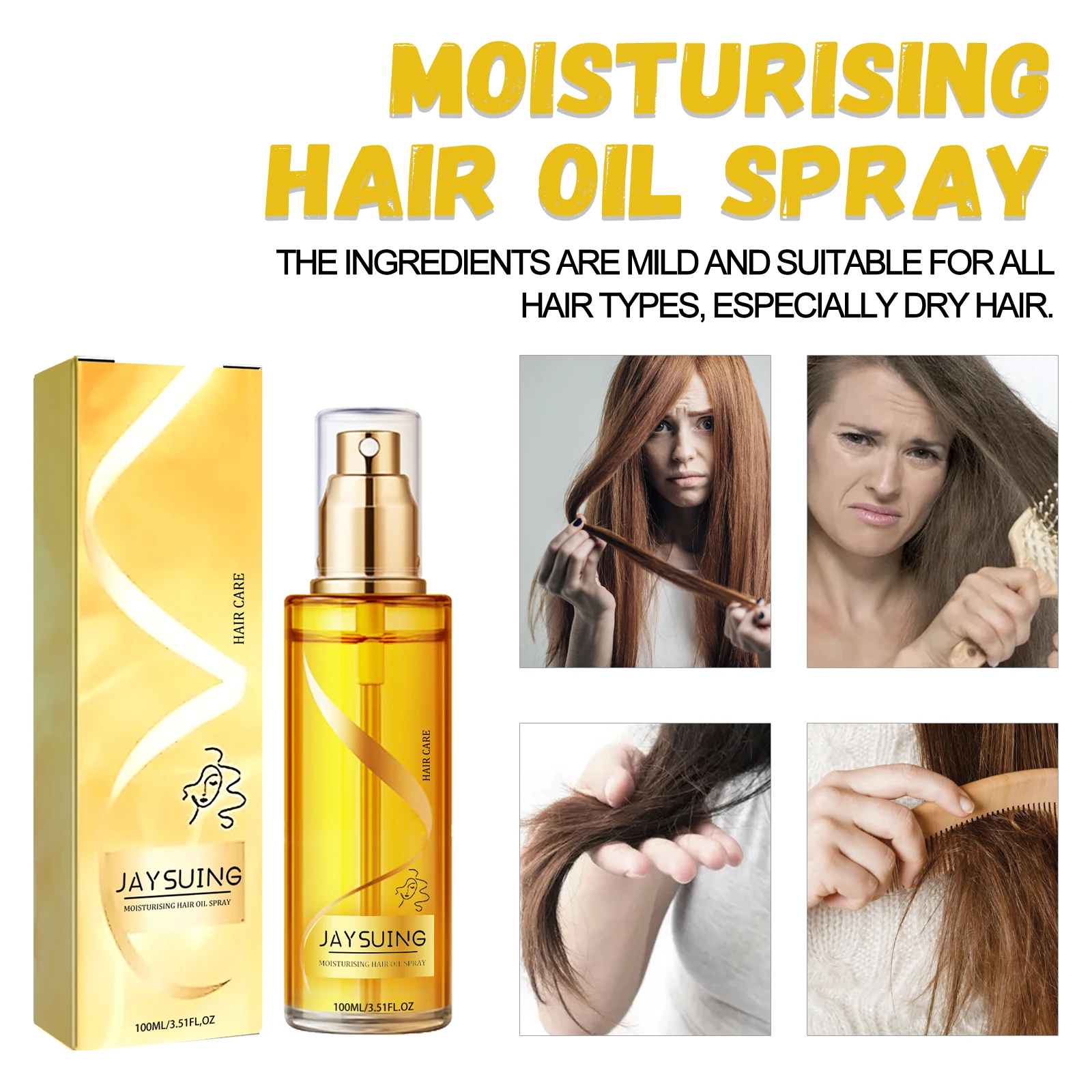 JAYSUING Hair Moisturizing Oil Spray Repair Damaged Dry Frizzy Smooth Balance Grease Nourish Roots Soften Scalp Hair Care Serum 100ml/box - Image 4