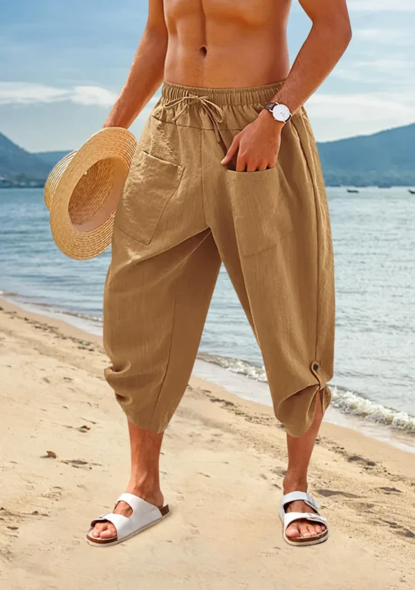 Men's Loose Cotton Linen Pants Large Size Drawstring 3/4 Shorts Casual Beach Pants Yoga Pants Lightweight Shorts - Image 3