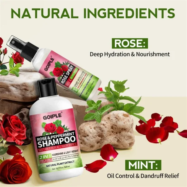 Rose Peppermint Shampoo with Hair Care Spray Moisturizing & Nourishing Conditioner Product Shampoo and Conditioner Set for Women - Image 2