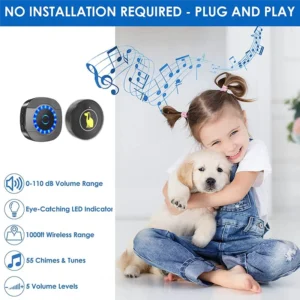 A99E-Dog Bell Door Potty Training Watrerproof Super-Light Touch Wireless Door Bell For Dog 55 Melodie 5 Volume Levels US-Plug