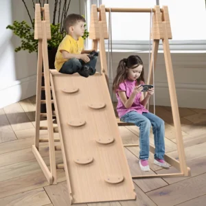 4-in-1 Juniper Indoor Play Gym Playset with Baby Swing Ladder Climbing Wall Foldable Wooden Playset Indoor Jungle Gym for Kids