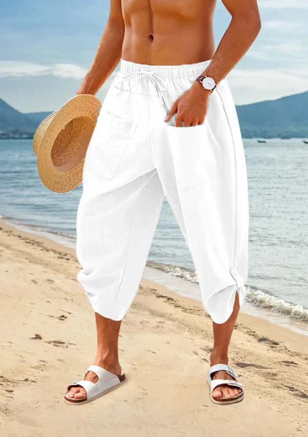 Men's Loose Cotton Linen Pants Large Size Drawstring 3/4 Shorts Casual Beach Pants Yoga Pants Lightweight Shorts - Image 2