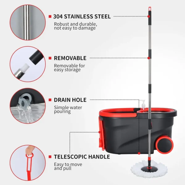 Spin Mop and Bucket Wring System Sets with 3 Microfiber Pads, 61" Extended Handle with Wheels Cleaning Tools Rotating Floor Mop - Image 5