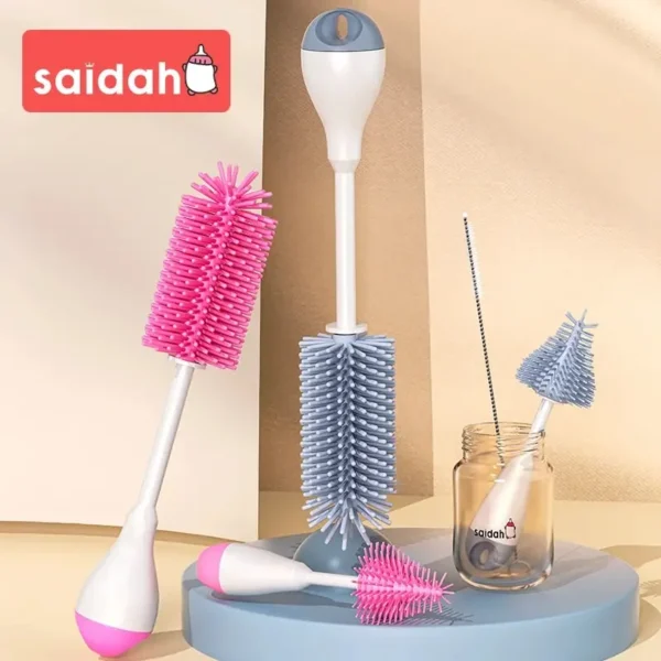 360 Degree Rotation 3 in 1 Silicone Baby Bottle Pacifier Brush Wash Water Cup Container Straw Cleaning Brush Set