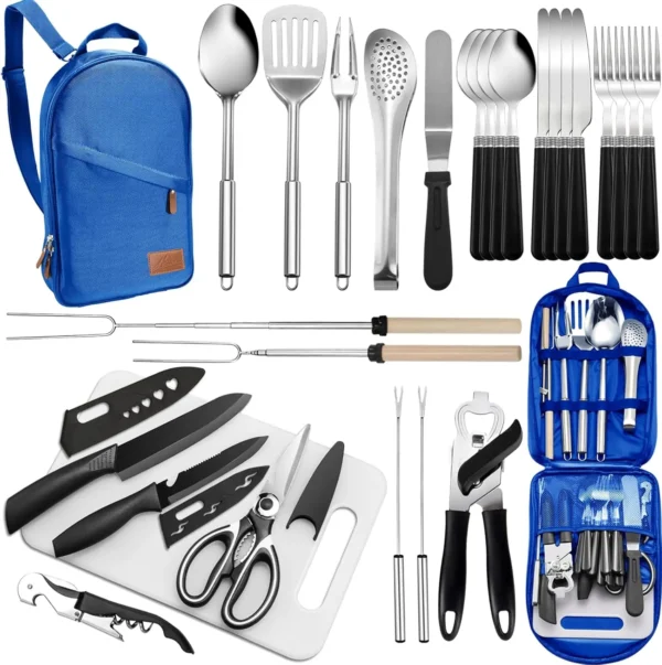 Portable Camping Kitchen Utensil Set-27 Piece Cookware Kit, Stainless Steel Outdoor Cooking and Grilling Utensil Organizer - Image 7