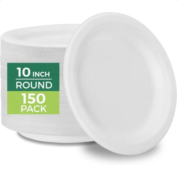 Paper Plates Disposable 10" Plate Biodegradable Sugarcane Fiber Dinner Plates Heavy Duty Dinnerware for Hot Food Microwave and