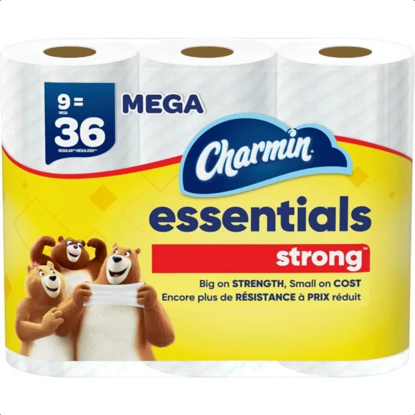 Essentials Strong Toilet Paper 9 Mega Rolls = 36 Regular Rolls