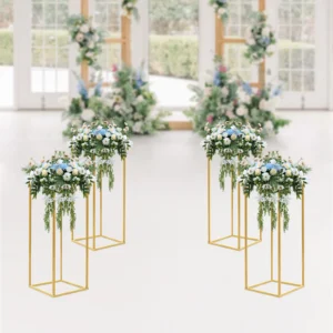 4Pcs Modern Flower Stand Rectangular Gold Metal Party Wedding Table Centerpiece Column Vases Holder Rack Decor