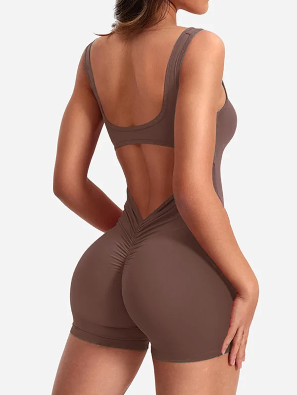 Women Workout Romper Open Back Yoga Jumpsuit Slim Fit Spring 2024 Casual Style Coffee XL - Image 3