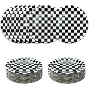 50 PCS Race Car Dessert Plates 7 Inch Black and White Checkered Paper Plates Dinner Plates for Racing Theme Party Birthday Baby