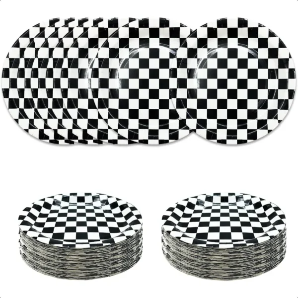 50 PCS Race Car Dessert Plates 7 Inch Black and White Checkered Paper Plates Dinner Plates for Racing Theme Party Birthday Baby