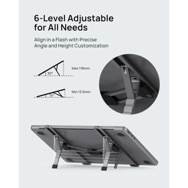 SODI Foldable Laptop Stand for Desk Portable Adjustable Aluminum Riser for MacBook Pro Air HP Dell Lenovo Up to 15.6 Inch Grey - Image 3