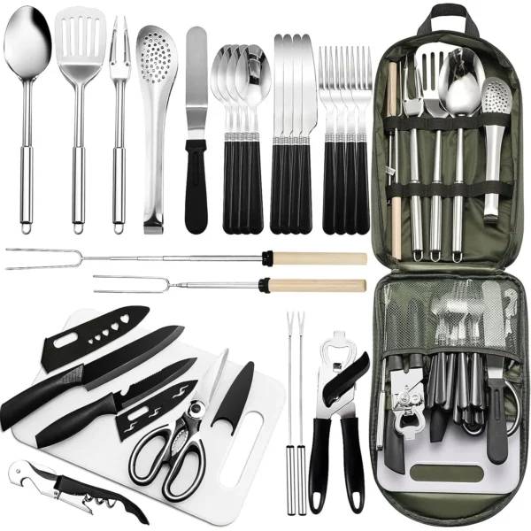 Portable Camping Kitchen Utensil Set-27 Piece Cookware Kit, Stainless Steel Outdoor Cooking and Grilling Utensil Organizer