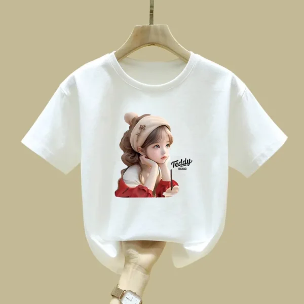 Girls' Short-sleeved T-shirt, Summer Baby Girl Print, Breathable, Round-neck, Half-sleeve, Fashionable Design Top T-shirt - Image 3