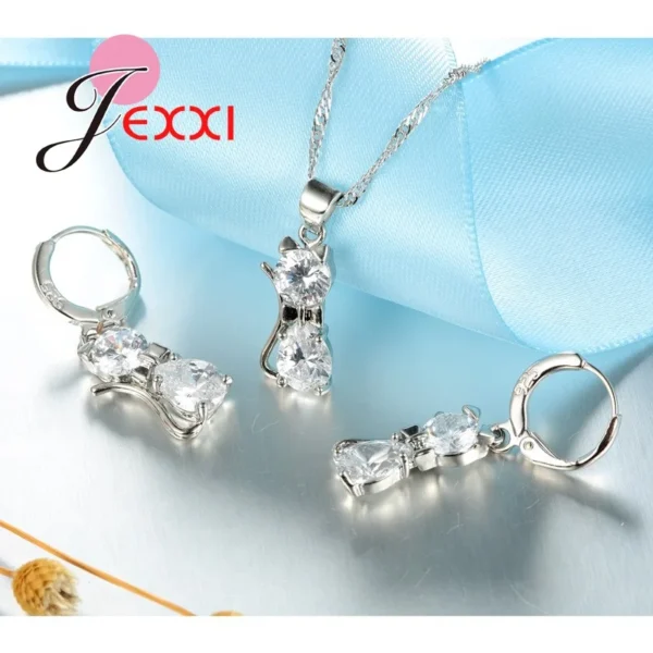 Jewellery Sets Accessories Genuine 925 Sterling Silver Cubic Zirconia Cat Kitty Necklace Pendant+Leverback Earrings Hot - Image 4
