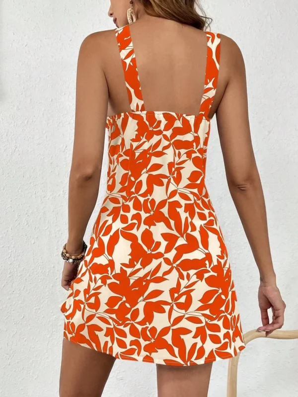 Women Dress Floral Print Halter Neck Robe Fresh Off-Shoulder Midi Dress for Spring Orange L - Image 3