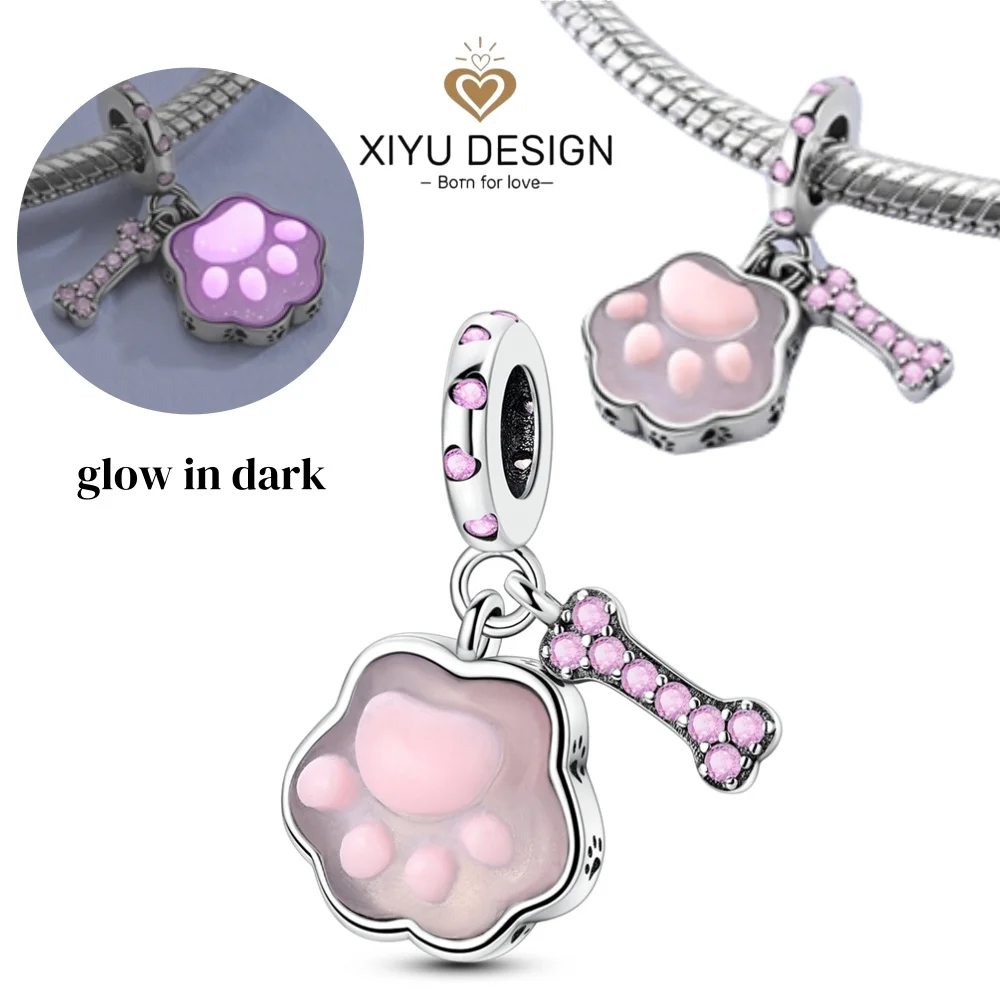 Love Pet Series Cute Pink Dog Paw & Bone Charms Beads Fit DIY 925 Sterling Silver Bracelet Necklace Women Jewlery Gift for Girl
