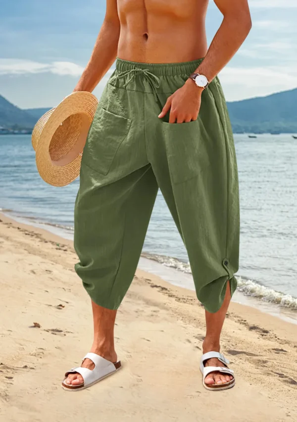 Men's Loose Cotton Linen Pants Large Size Drawstring 3/4 Shorts Casual Beach Pants Yoga Pants Lightweight Shorts