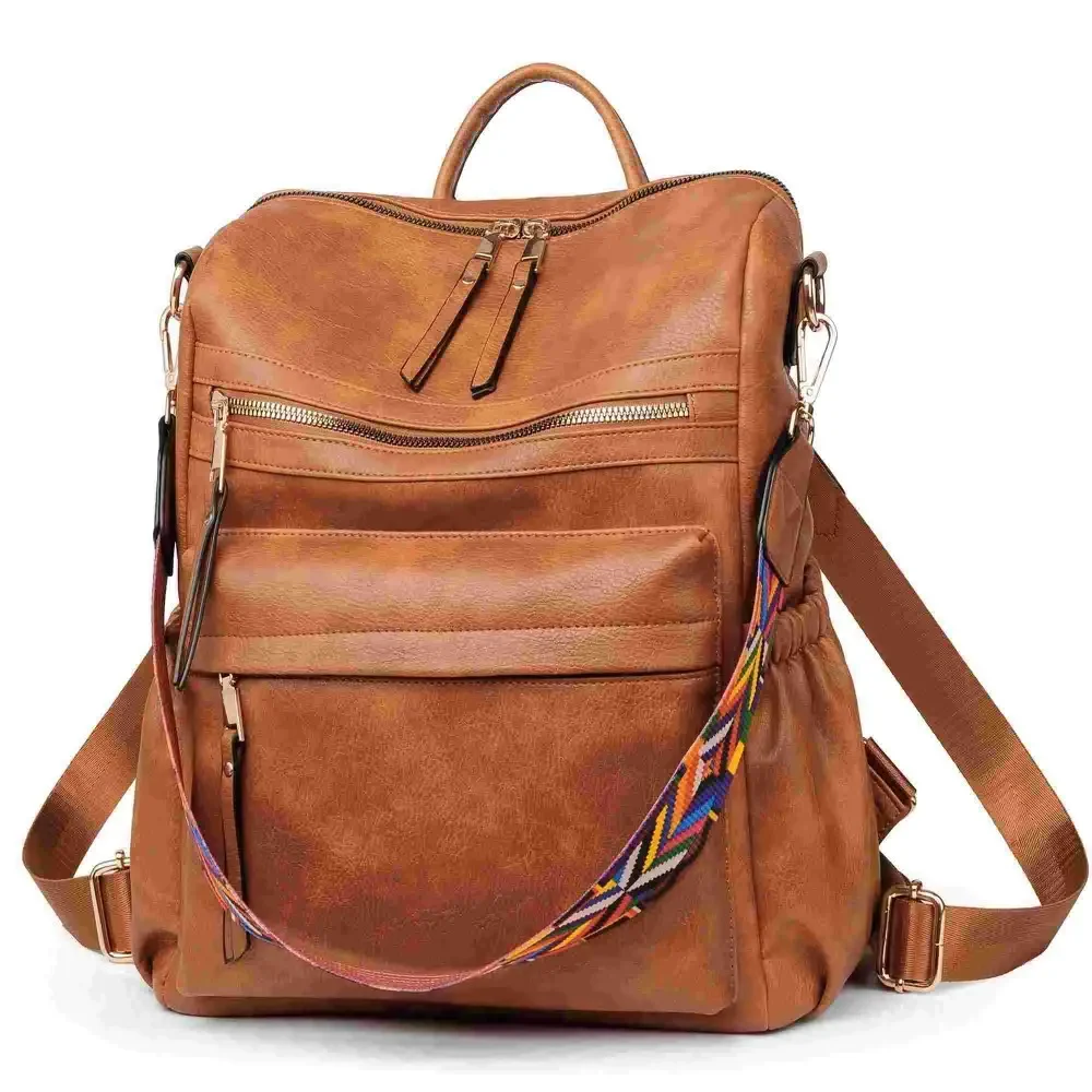 Brown Ladies Fashion Leather Backpack Anti-theft School Backpack Bags for Women - Image 2