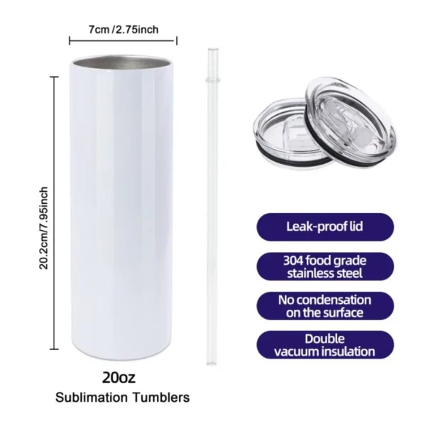 US Warehouse White 20Oz Stainless Steel Heat Transfer Printing Tumbler 20oz Straight Sublimation Tumbler 25PCS Case - Image 2