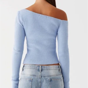 Women s Ribbed Knit Sweater Off-Shoulder Long Sleeve Pullover with Button Detail Solid Color Autumn Top for Women