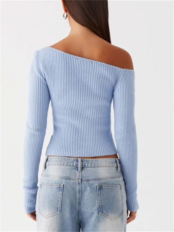 Women s Ribbed Knit Sweater Off-Shoulder Long Sleeve Pullover with Button Detail Solid Color Autumn Top for Women