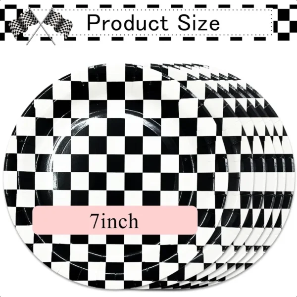 50 PCS Race Car Dessert Plates 7 Inch Black and White Checkered Paper Plates Dinner Plates for Racing Theme Party Birthday Baby - Image 3