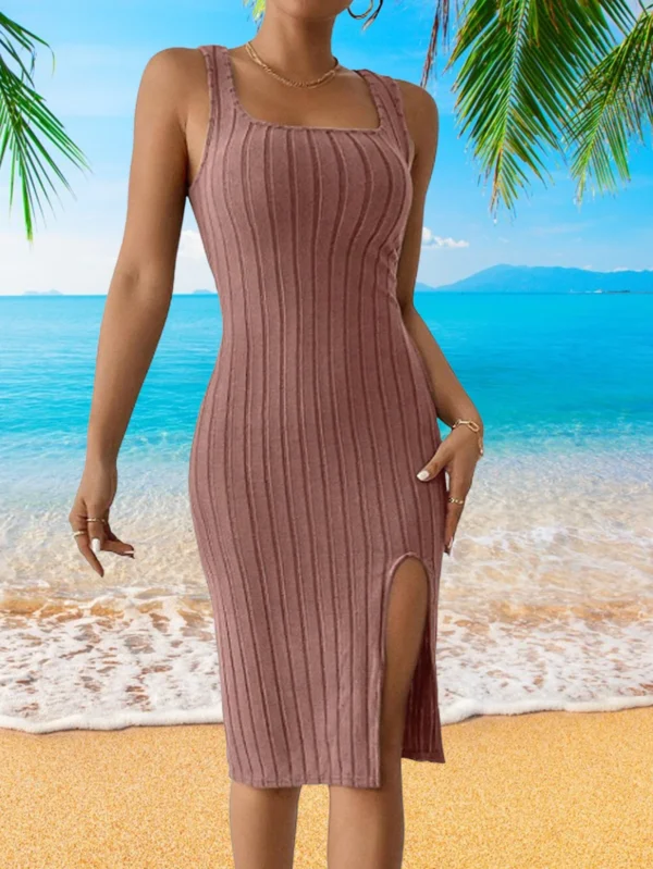 Women Dress Elegant Pit Stripe Halter Robe Solid Color Slit Casual Elegance Spring 2024 Peach - Image 4