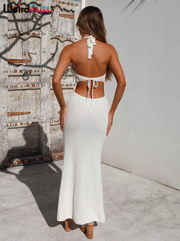 Weird Puss Crochet Sheer Women Dress Halter V Neck Backless Bandage Elastic Sheath Sexy Robe 2024 Summer Vacation Dating Bodycon - Image 5
