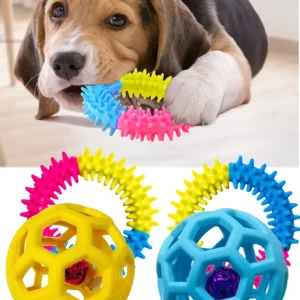 2 Pet Dog Toys: Bite-Resistant Bell Ball & Tri-Color Molar Ring, Soft Rubber for Teeth Grinding & Chewing