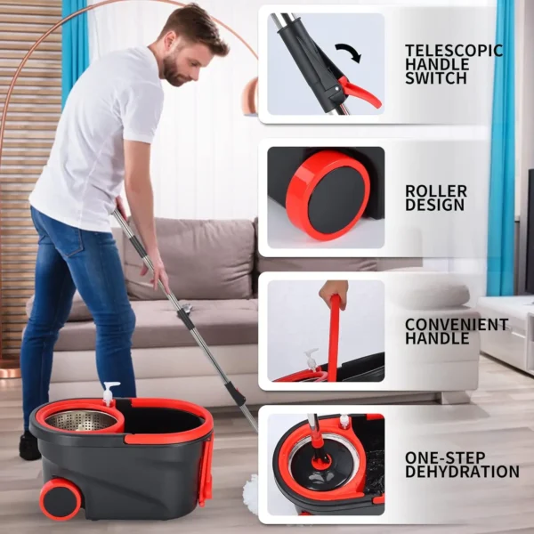 Spin Mop and Bucket Wring System Sets with 3 Microfiber Pads, 61" Extended Handle with Wheels Cleaning Tools Rotating Floor Mop - Image 4