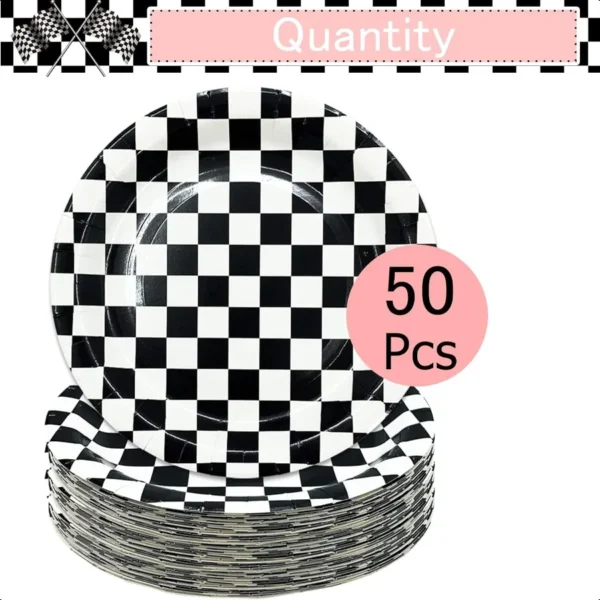 50 PCS Race Car Dessert Plates 7 Inch Black and White Checkered Paper Plates Dinner Plates for Racing Theme Party Birthday Baby - Image 4