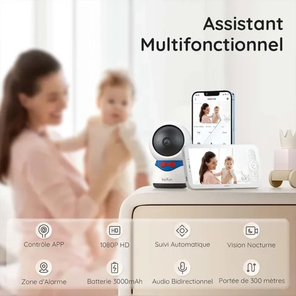 BOIFUN 1080P 5" Baby Monitor Camera, PTZ 355°Camera Baby Motion Monitoring and Automatic Tracking, Monitor and Smartphone - Image 2