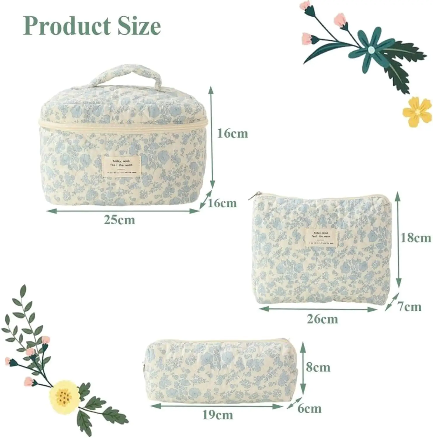 3Pcs Floral Makeup Cosmetic Bags for women - Cute Travel Toiletry Organizer & Handbag Storage Purses - Image 2