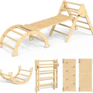 Pikler Triangle Set, 5 in 1 Wooden Montessori Climbing & Sliding Set with Ramp, Foldable Toddler Playground, Jungle Gym for Todd