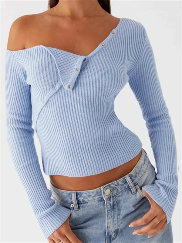 Women s Ribbed Knit Sweater Off-Shoulder Long Sleeve Pullover with Button Detail Solid Color Autumn Top for Women - Image 2