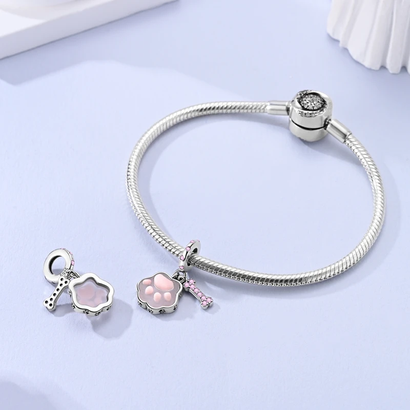 Love Pet Series Cute Pink Dog Paw & Bone Charms Beads Fit DIY 925 Sterling Silver Bracelet Necklace Women Jewlery Gift for Girl - Image 3