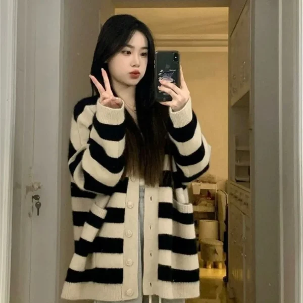 Sweater Female 2023 Spring Wear Korean Loose Slouchy Sweater Striped Knitted Cardigan Coat Women Spring and Autumn Sweater Top - Image 7