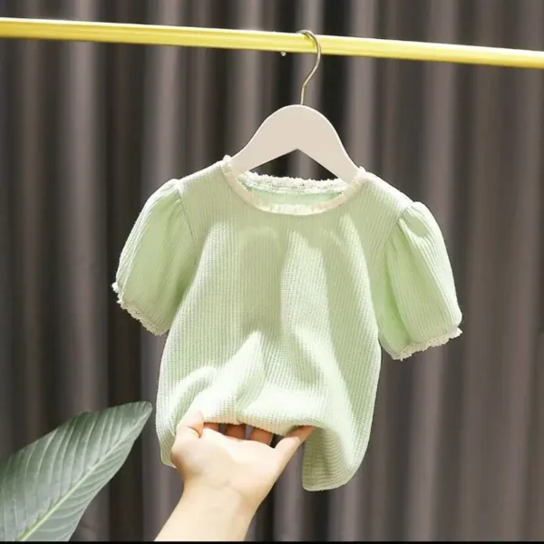 Baby Girl T-Shirts Plaid Bottoming Shirt Girl Baby Summer Korean New Girl Lace Short-sleeved T-shirt Children's Clothing - Image 3
