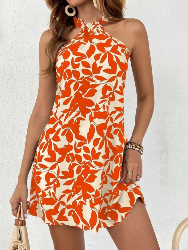 Women Dress Floral Print Halter Neck Robe Fresh Off-Shoulder Midi Dress for Spring Orange L - Image 4