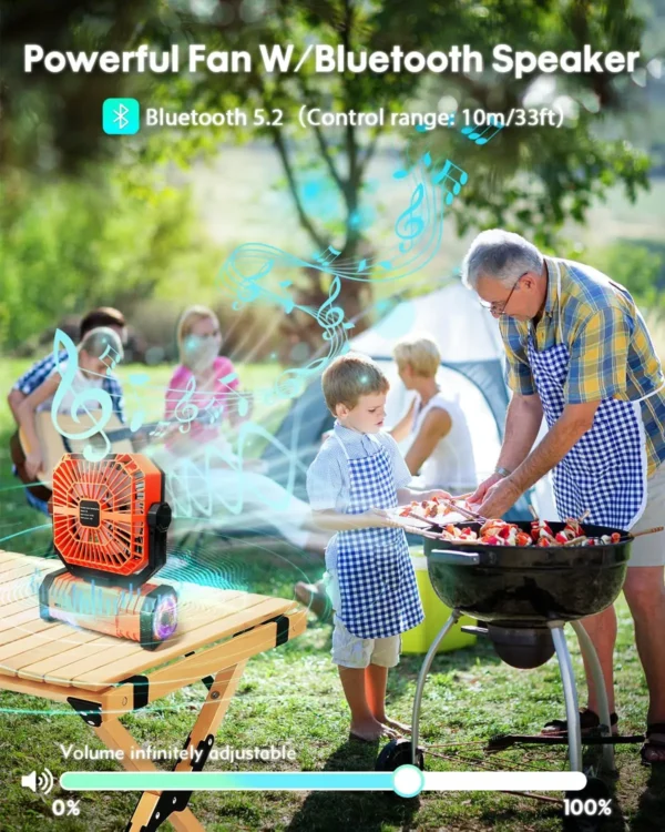 20000mAh Portable Camping FanRechargeable Battery Operated Oscillating Camp Tent Fan With Bluetooth Speaker 4 Speeds LED lights - Image 2