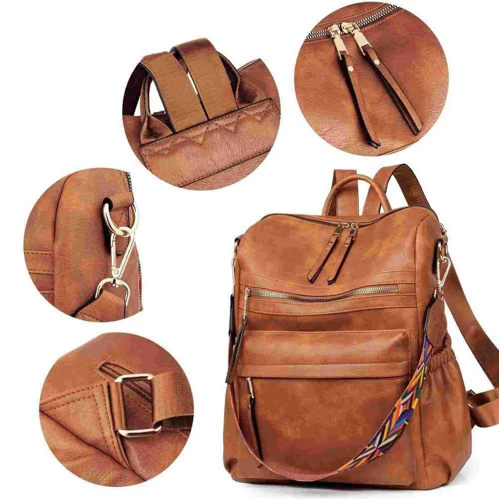 Brown Ladies Fashion Leather Backpack Anti-theft School Backpack Bags for Women - Image 4
