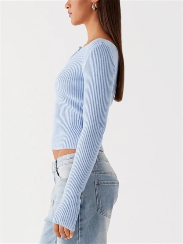 Women s Ribbed Knit Sweater Off-Shoulder Long Sleeve Pullover with Button Detail Solid Color Autumn Top for Women - Image 4