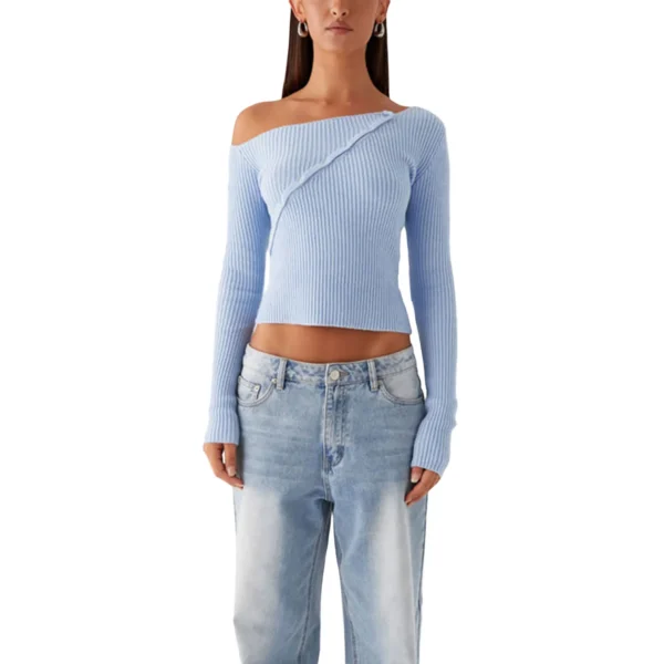 Women s Ribbed Knit Sweater Off-Shoulder Long Sleeve Pullover with Button Detail Solid Color Autumn Top for Women - Image 6